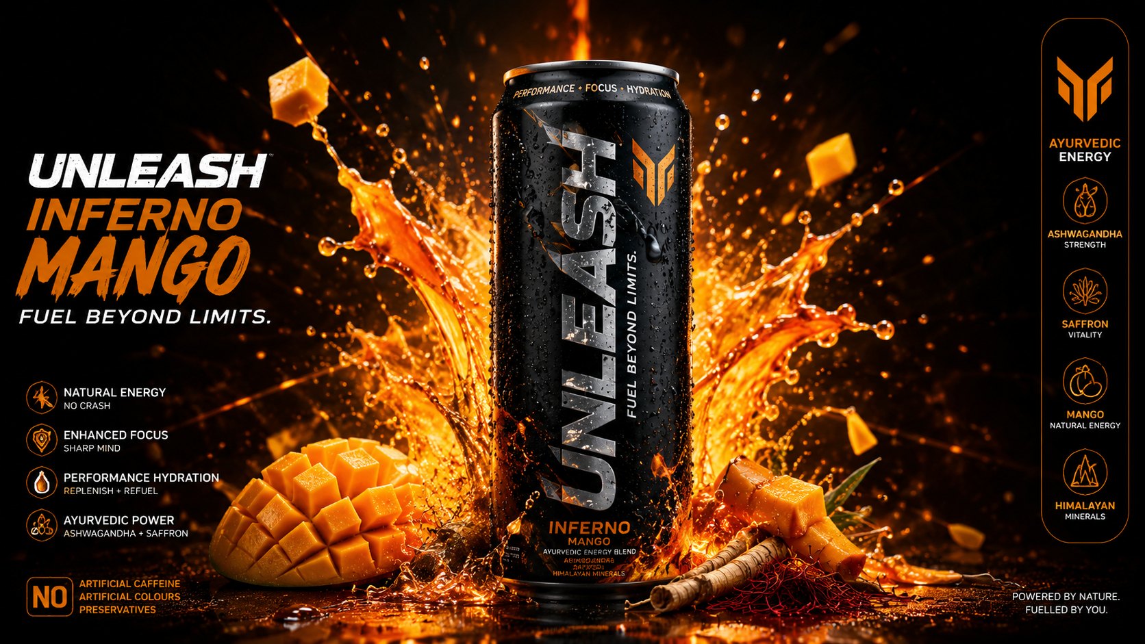 Unleash Inferno Mango campaign creative: black can in an orange mango splash, 'Fuel Beyond Limits'